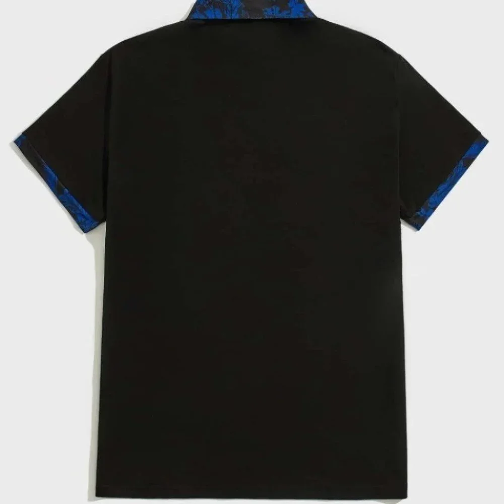 Black Casual Men's Tropical Print Polo Shirt - Picture 2 of 4